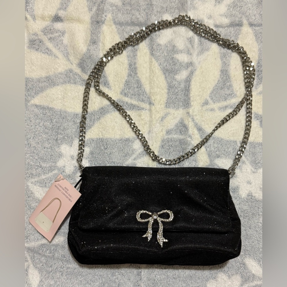 Victoria's Secret Black Sparkle Bow Chain Crossbody Bag